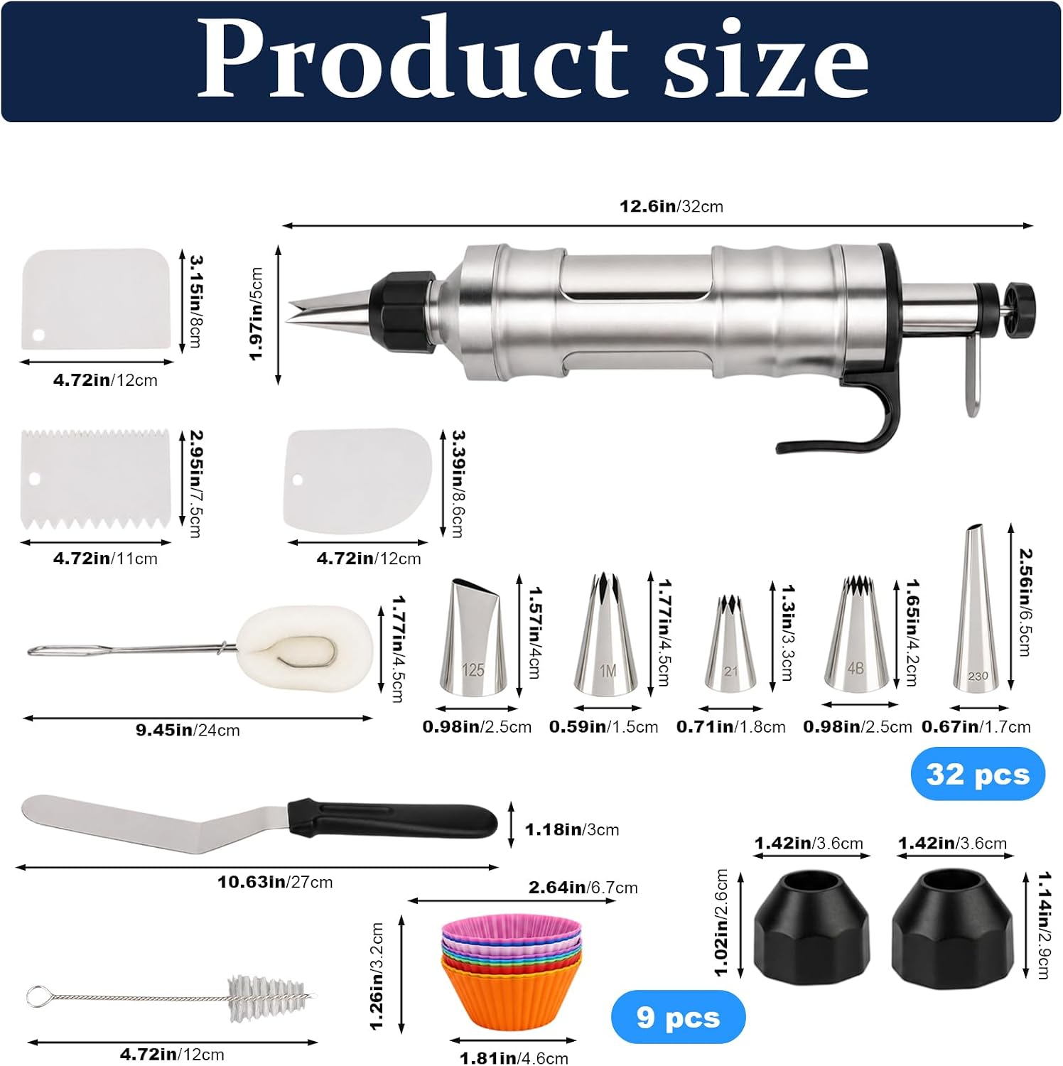 51Pcs Dessert Decorating Syringe Set with Icing Dispenser, Stainless Steel Cake Decorating Tools with 31 Piping Icing Nozzles, 1 Puff Nozzle and 9 Silicone Cupcakes for Baking, Cupcake, Deviled Eggs image 2