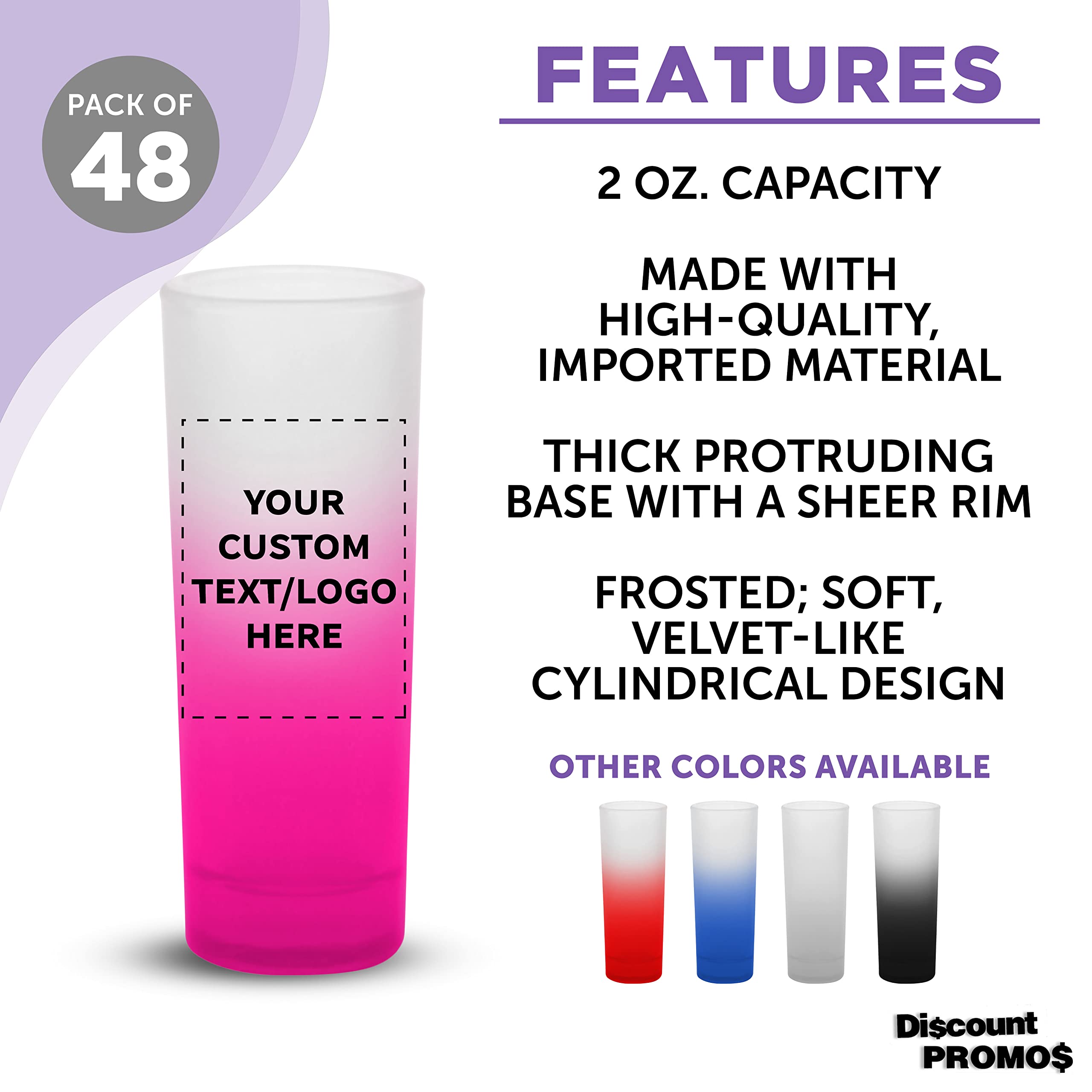 Custom Colored and Frosted Tall Shot Glasses 2 oz. Set of 48, Personalized Bulk Pack - Great for Weddings, Birthdays, Parties, Indoor & Outdoor Events - Pink