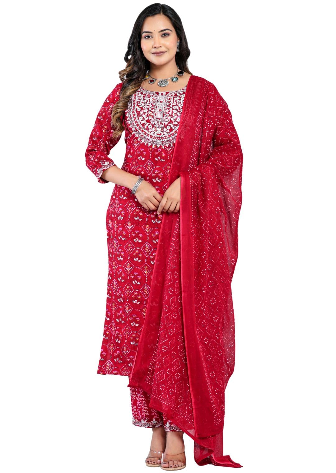 Rytras Women's Embroidered Straight Kurta Set With Palazzo Pants & Dupatta- Ethnic Wear, Maroon(Ryt607-New,Xxl)