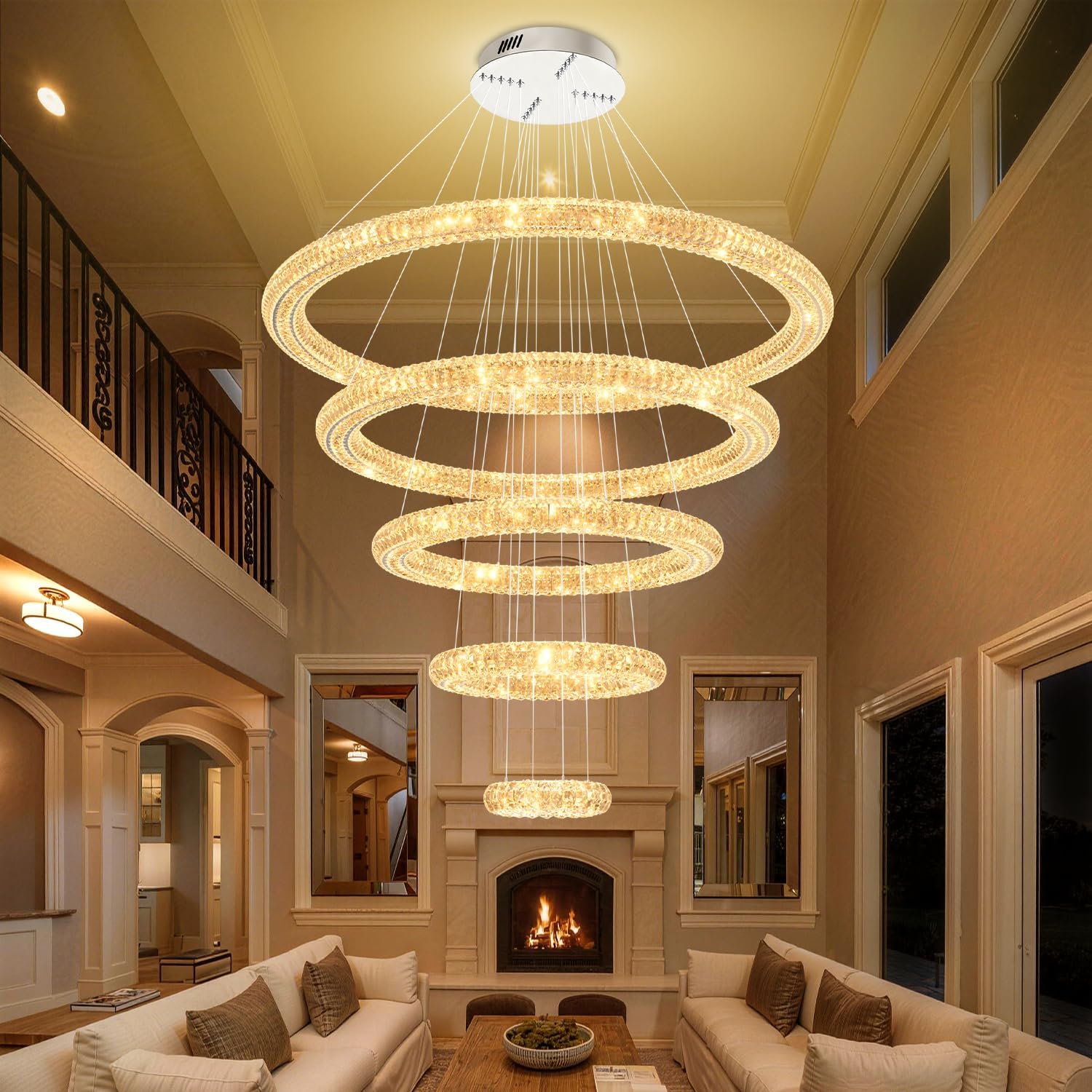 Large Ring Chandelier for High Ceiling Staircase Modern Luxury Crystal Chandelier Lighting LED 5 Ring Chandeliers,Silver D8''+15.7"+23.6"+31.5"+39.4"