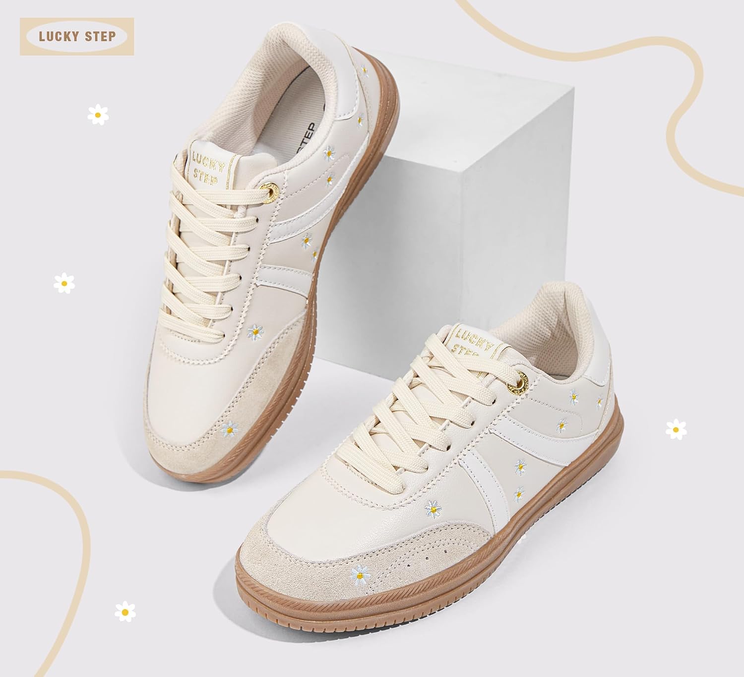 LUCKY STEP Women Classic Retro Tennis Sneakers Fashion Gum Sole Skate Casual Walking Shoe Anti Slip Floral Embroidery Comfortable Trainers