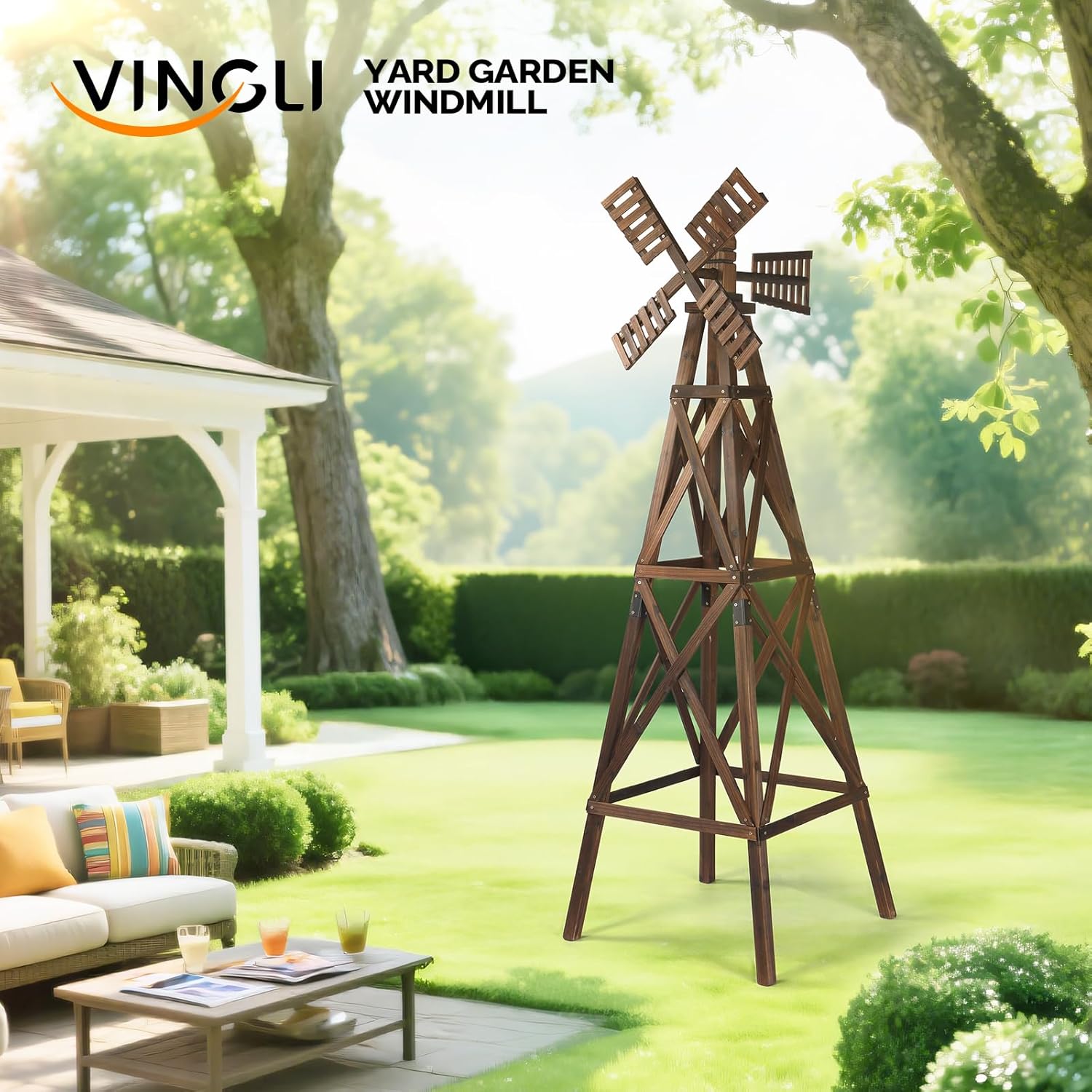 VINGLI Wood Wind Spinner, Sturdy Cross-Braced Windmill for All Weather, Outdoor Wind Mill for Garden, Patio, Lawn Decoration (Carbonized)