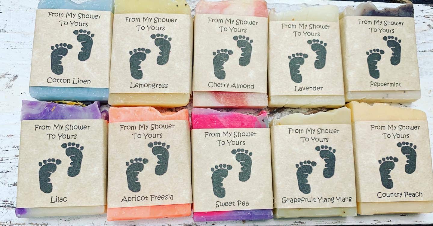 Suds By Stacy and More Sampler/Party Favor Soaps From My Shower to Yours With Custom Labels - 50 Pack Samplers w/Baby Feet Clip Art