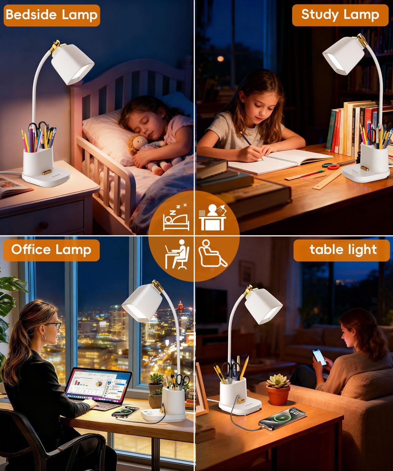 LED Desk Lamps for Home Office with Charger Desk Light Table Lamp W/ Organizer for Bedroom/Study/Reading/Work/Task, Gooseneck Small Desk Lamp for Craft/Artist/Puzzle/Drawing,Eye-Caring LED Office Lamp