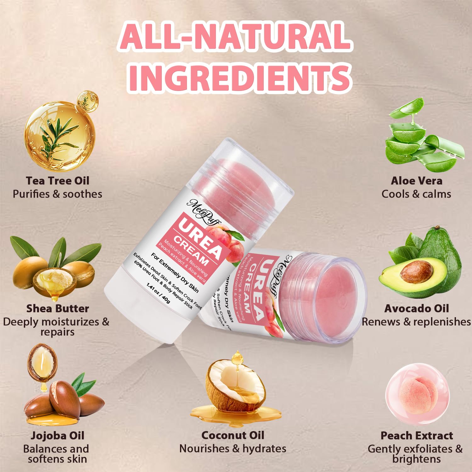 60% Urea Cream plus 2% Salicylic Acid - Maximum Strength Foot & Hand Cream Stick for Dry Cracked Heels, Callus Remover, Dead Skin Exfoliator & Moisturizer with Peach Scent - 1.41oz