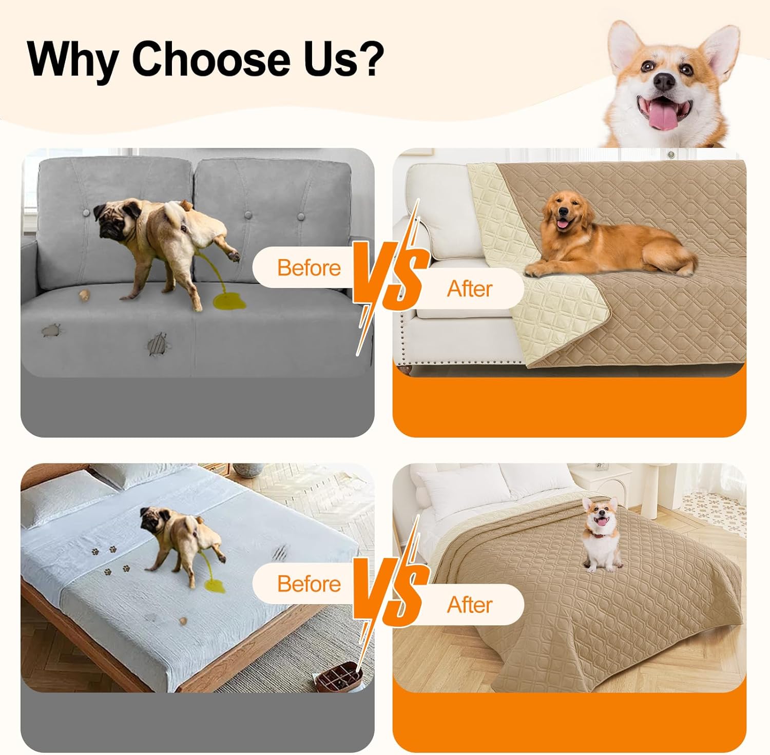 Smiry Reversible Waterproof Couch Covers for Sofa, Washable Dogs Pet Couch Covers for 3 Cushion Sofa Pet Friendly, Water Resistant Furniture Protector Slipcover, Geometric (52"x82", Camel/Beige) - Image 5