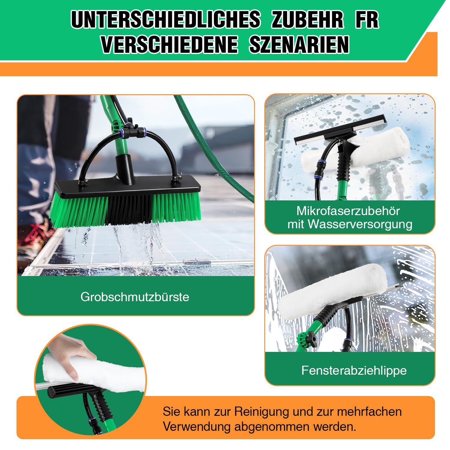 Teleskop Waschbürste 3,6m – Waschbürste mit Teleskopstiel, Terrassendach Reiniger Teleskop, Teleskopbürste mit Wasseranschluss, Wintergarten Reinigungsset für PV- und Fensteranlagen Reinigung