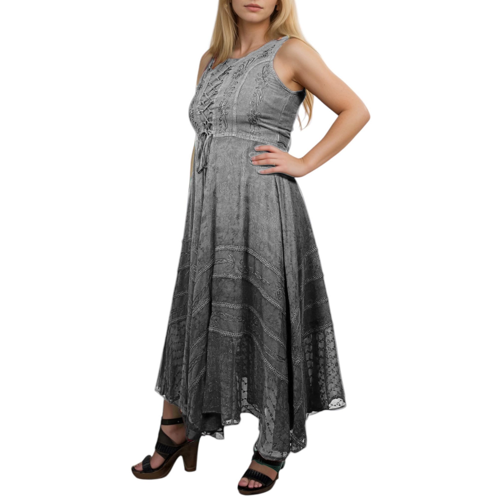 Agan TradersWomen's 2025 Gothic Corset Smocked Summer Maxi Dresses - Sleeveless Embroidered Twirl Calf Length Dress