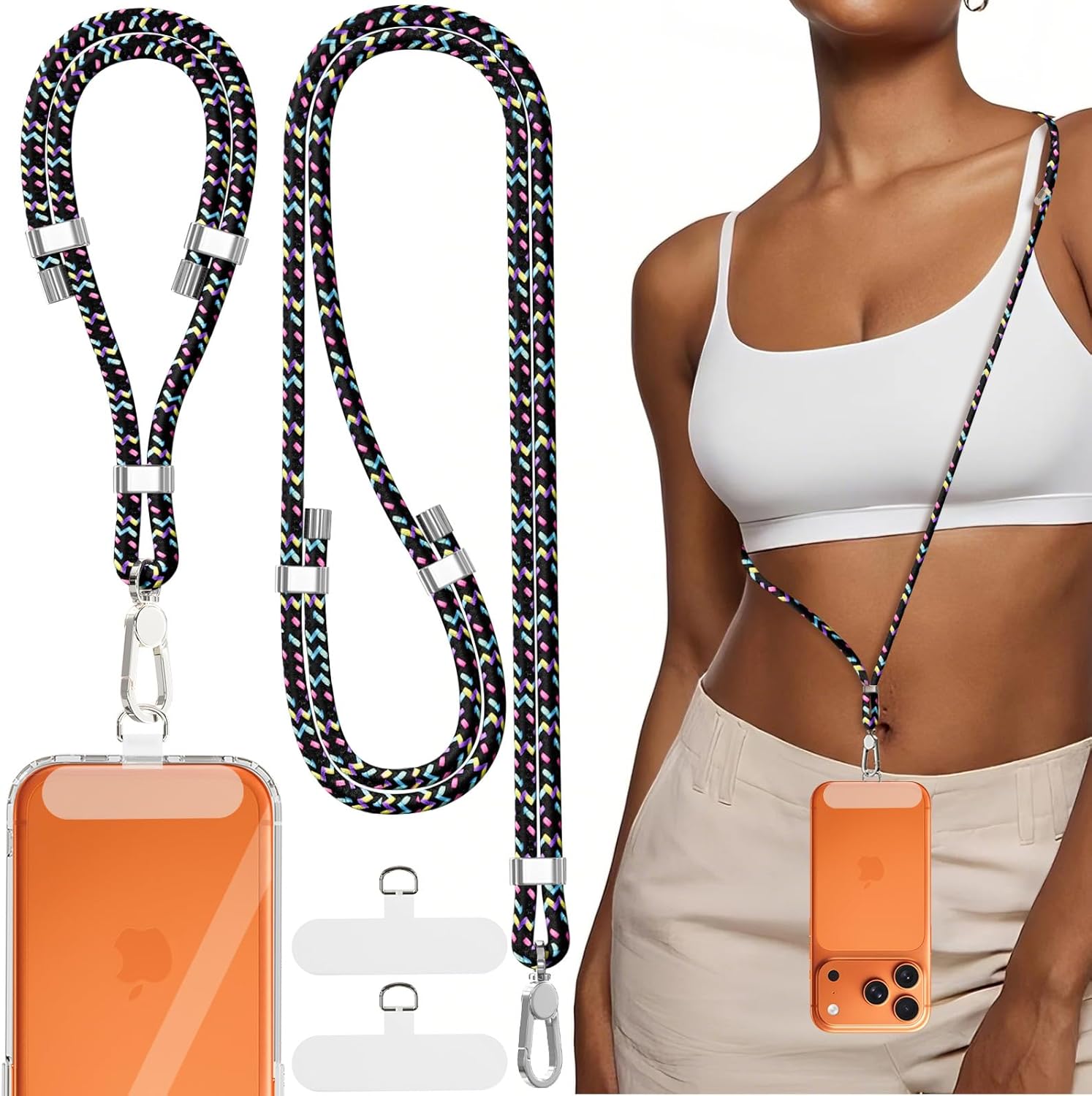 4-IN-1 Phone Lanyard + Wrist Strap, 2PCS Adjustable Length Cell Phone Lanyard with 2 Tether Tabs for iPhone,Smartphones