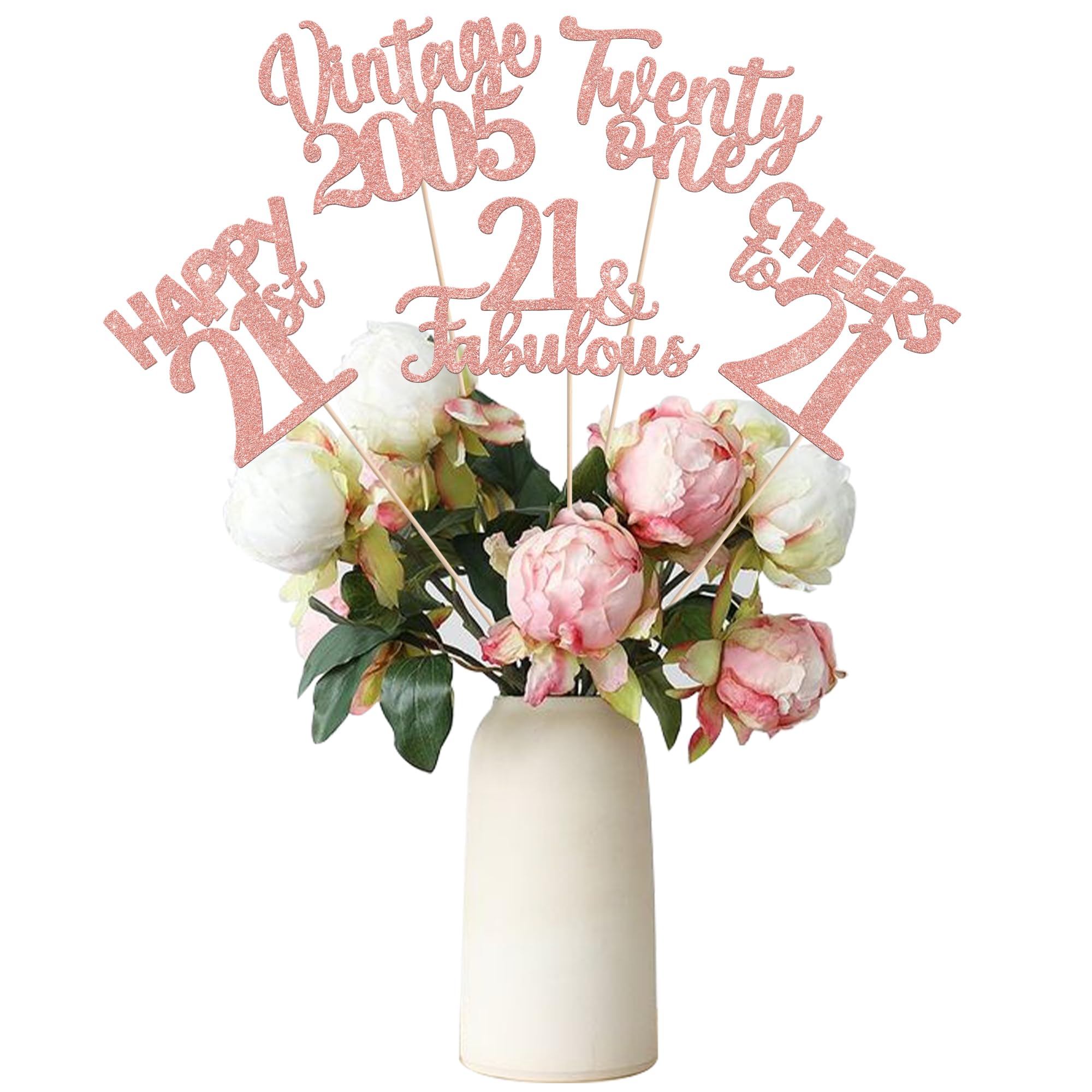 15 PCS 21st Birthday Centerpiece Sticks Twenty One Happy 21 Vintage 2005 Table Flower Centerpieces Sticks Cheers to 21 Fabulous Floral Decorations for 21st Birthday Party Supplies Rose Gold