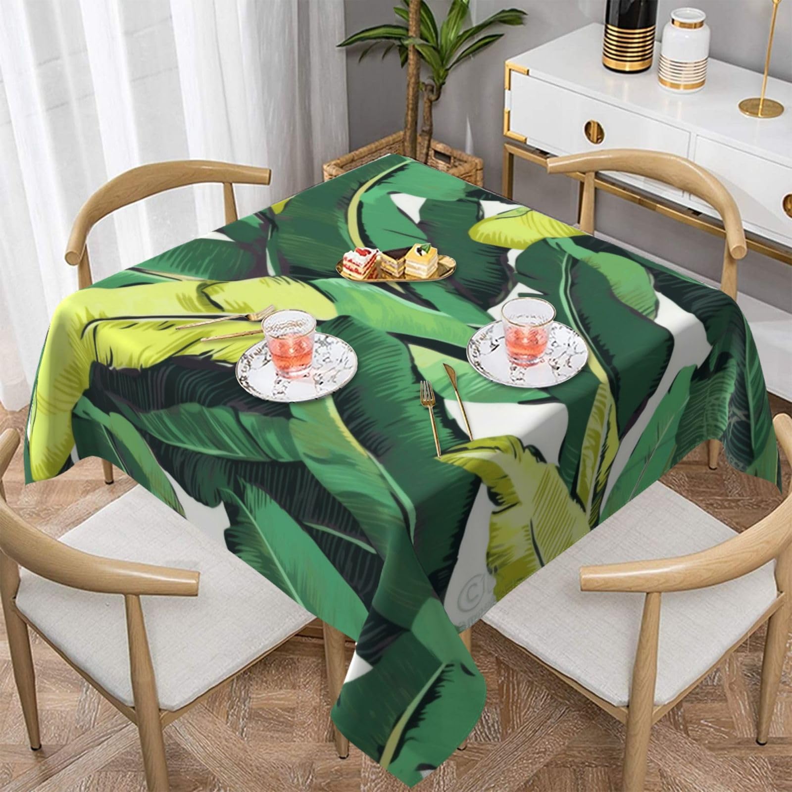 WPKJU Tropical Banana Palm Leaves Printed Square Tablecloth 54x54 inch Water Resistant Table Cover Washable Rectangle Table Cloth for Dining Tables