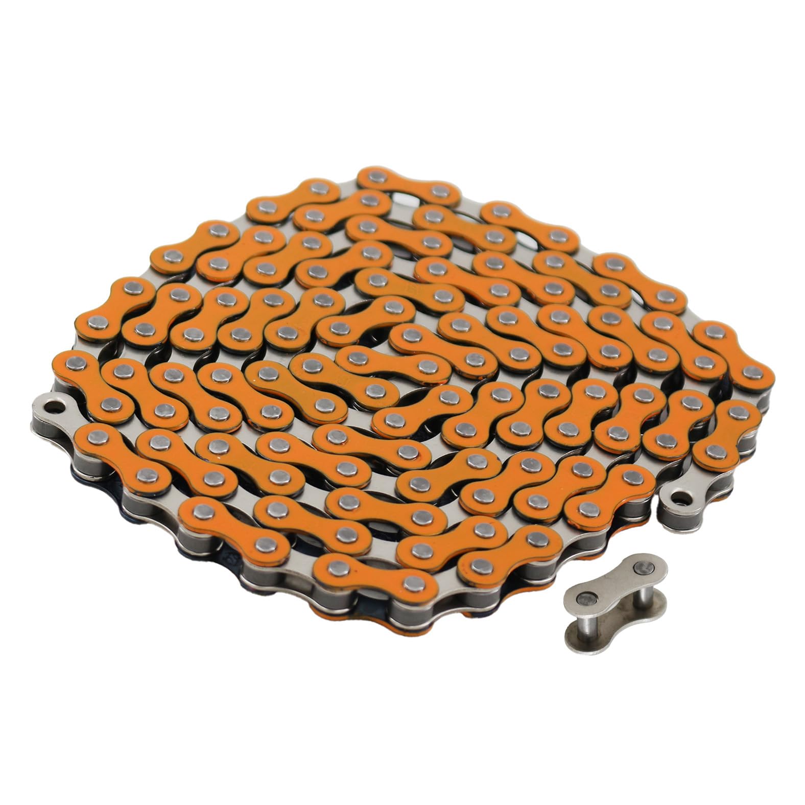 Cadena de bicicleta, 116 eslabones, 1/2 x 1/8 pulgadas, acero de una sola velocidad con hebilla mágica, para bicicletas de engranaje fijo, bicicletas de desplazamiento, MTB (naranja)