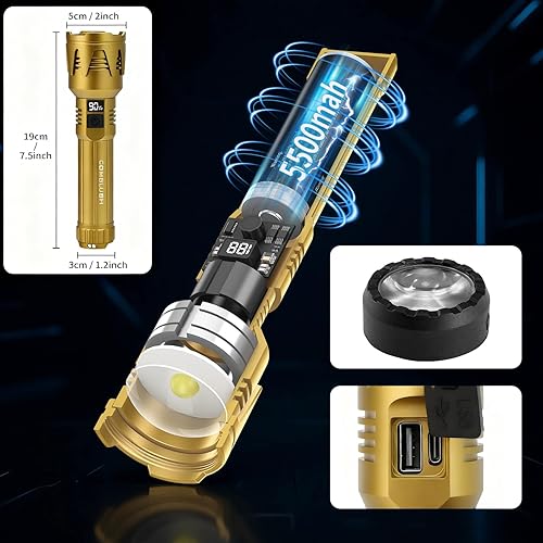 Miniatura 4 de Linterna recargable, linterna táctica impermeable, linternas LED de 3000 lm, con lente de encendido, zoom, cinco modos, con función de ventana rota,