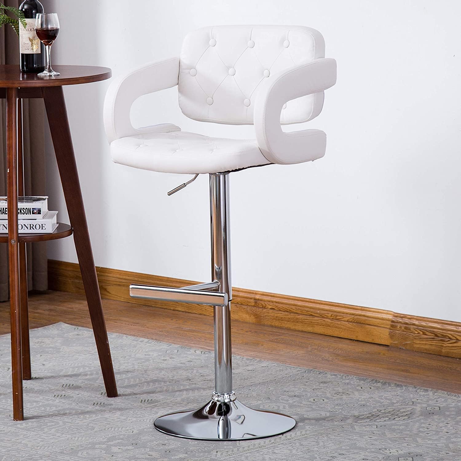 AC Pacific ACBS24 Contemporary Hydraulic Adjustable Swivel Bar Stools, Diamond Tufted Counter Chair with Curved Armrest, Cushion & Polished Chrome Base, 25"-33", Snowy White