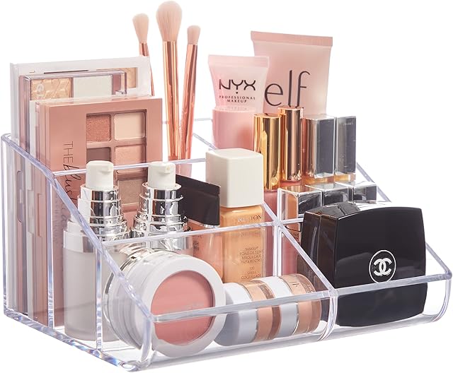 STORi Clear Plastic Vanity Makeup Organizer | 6-Compartment Holder for Brushes, Eyeshadow Palettes, & Beauty Supplies | Curved Front Design | Made in USA