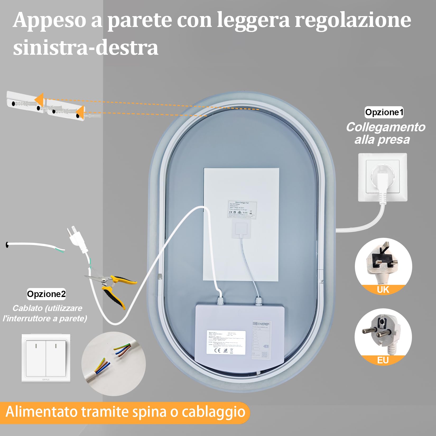 Miroir de salle de bains ovale avec éclairage LED, 80 × 50 cm