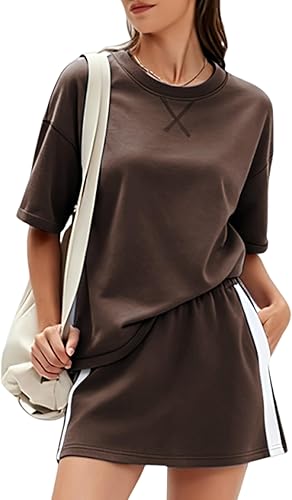 Tanming Women's 2 Piece Skirt Sets Outfits Casual Crewneck T Shirt Elastic Waist