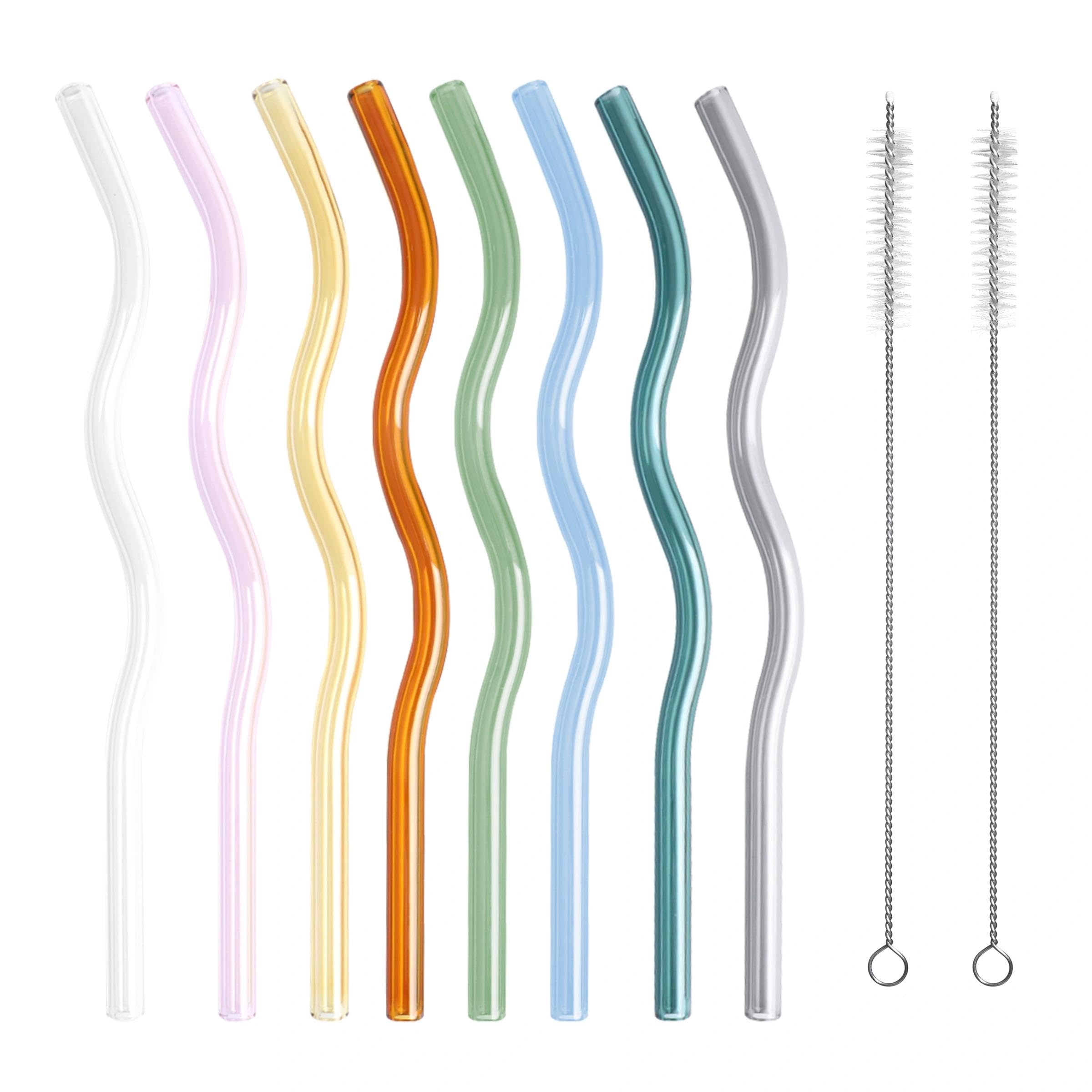 8 Pcs Wavy Glass Straws with 2 Cleaning Brush, Shatterproof Colorful Straws