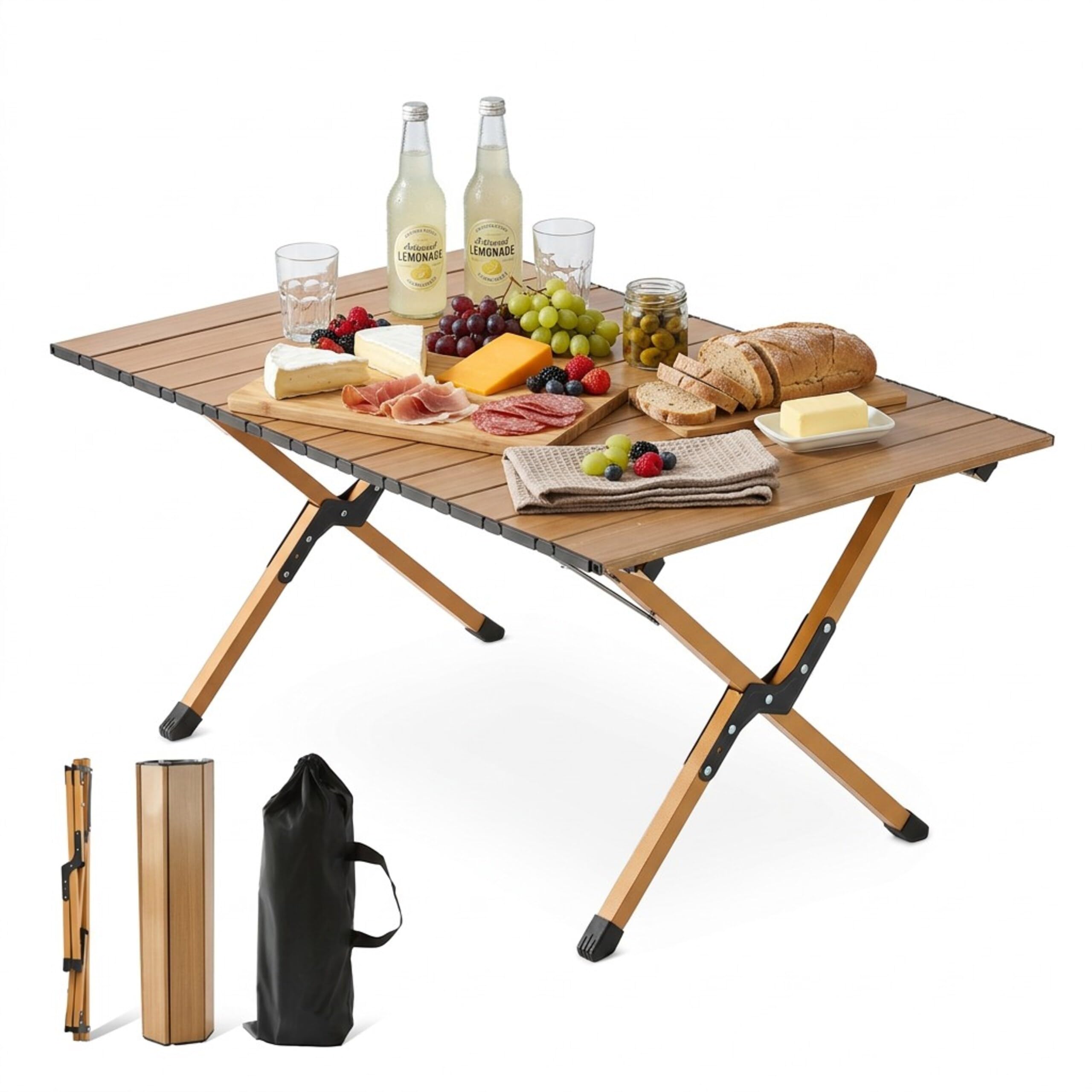 Relaxdays Campingtisch, klappbar, HxBxT:44 x 90 x 60 cm, Stahl & Kunststoff, Tragetasche, Holzoptik, Gartentisch, Natur