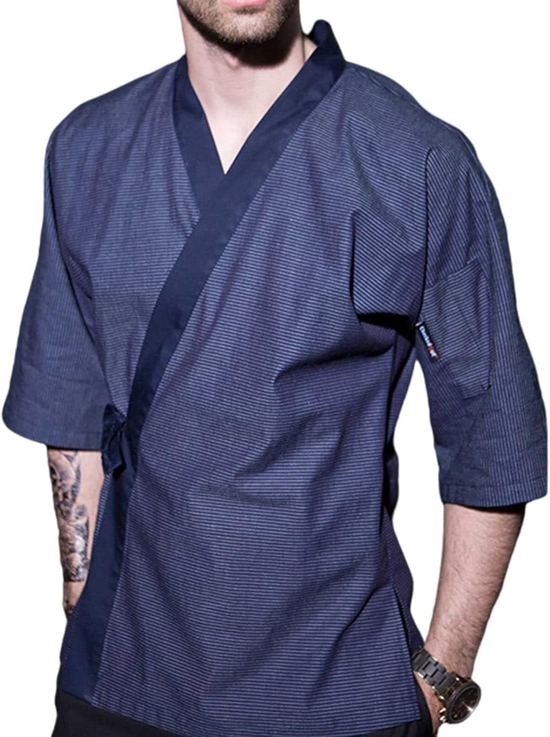 Professional Chef Jacket, Restaurant Hotel Kitchen Stripe Shirt, 3/4 Sleeve Sushi Work Wear Coat