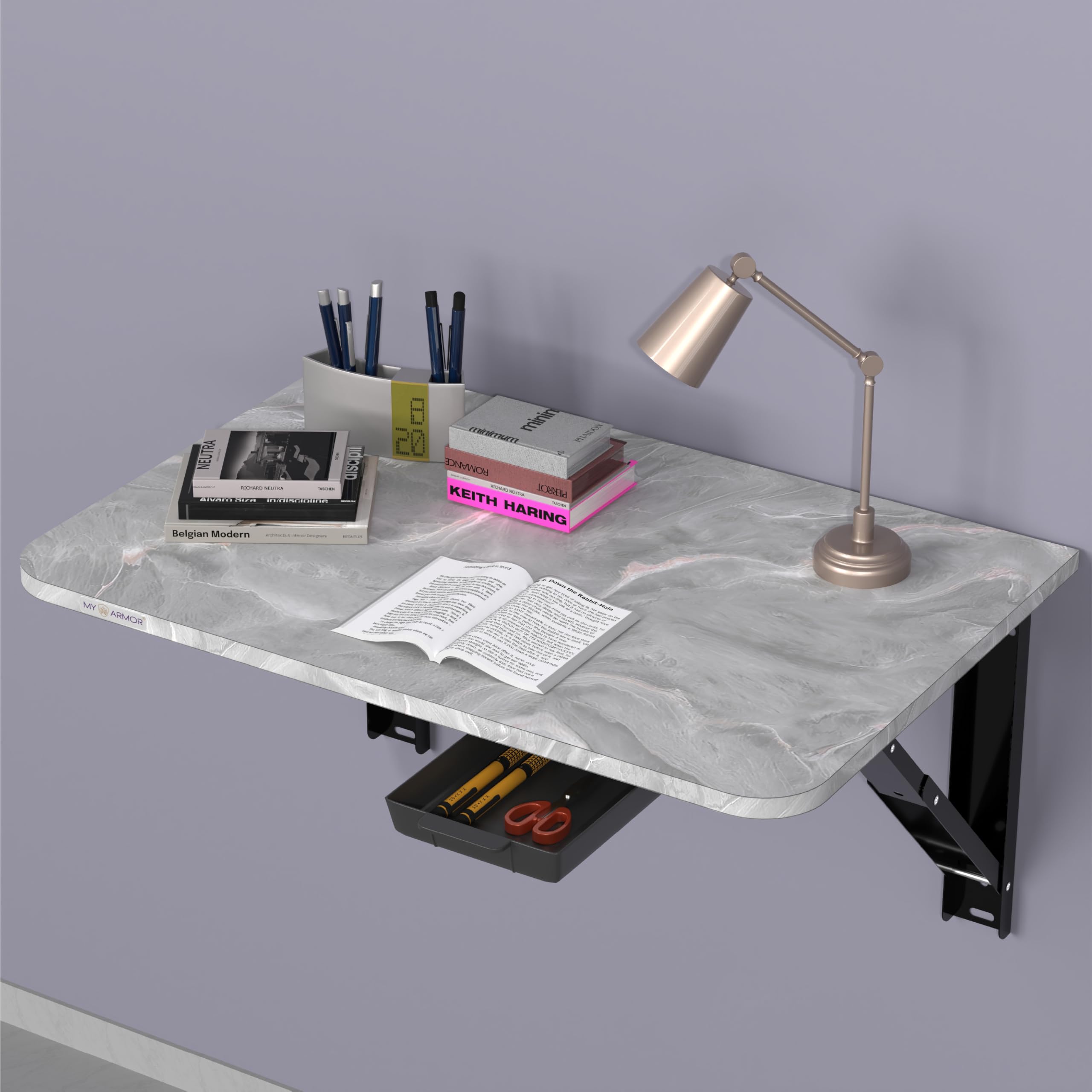 MY ARMOR Wall Mount Table Foldable | Wooden Folding Wall Study Table with Drawer | Space Saving Laptop Desk for Home & Office | Wall Mounted Foldable Table | Marble Grey | 24 x 16 Inches