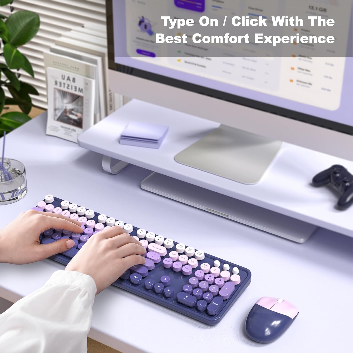Wireless Keyboard and Mouse Combo, MOWUX Full Size Typewriter Retro Round Computer Keyboard, Cute Optical Mouse Wireless, Plug and Play, for Laptop, PC, Computer- Purple Gradient
