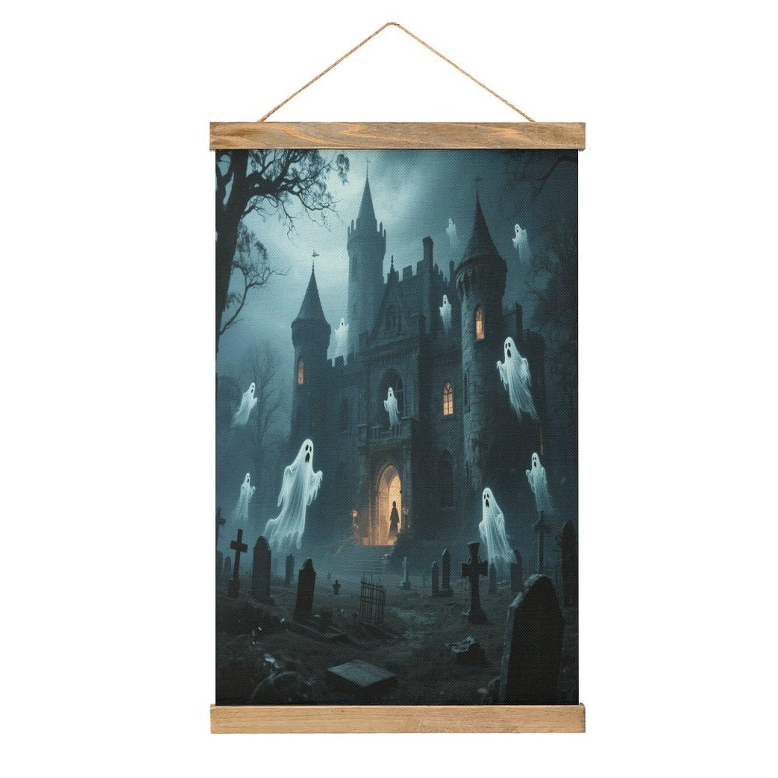VstaDank Ghost Castle Hanging Poster with Wooden Frame Modern Linen Hanging Painting Retro Style Wall Decor Art Painting for Living Room,Bedroom Decor Poster Frame 20.4x13.1inch