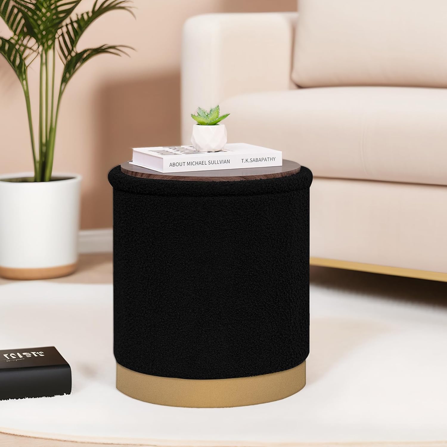 B FSOBEIIALEO Ottoman with Stroage, Round Boucle Storage Ottoman with Gold Plating Base,Foot Rest Stool for Dorm Room, Living Room Black, 14.76"x14.76"x16.34"