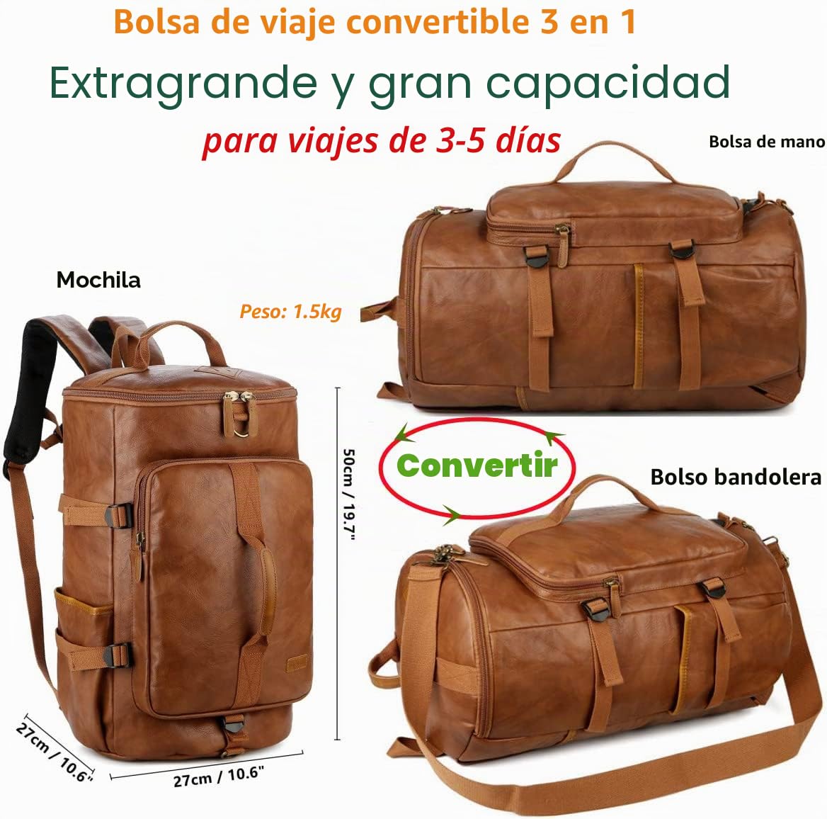 BAOSHA HB-26 3 vías cuero hombres Holdall fin de semana viaje bolsa de asas mochila bolsas de hombro convertible viaje senderismo mochila durante la noche bolsa de fin de semana bolso