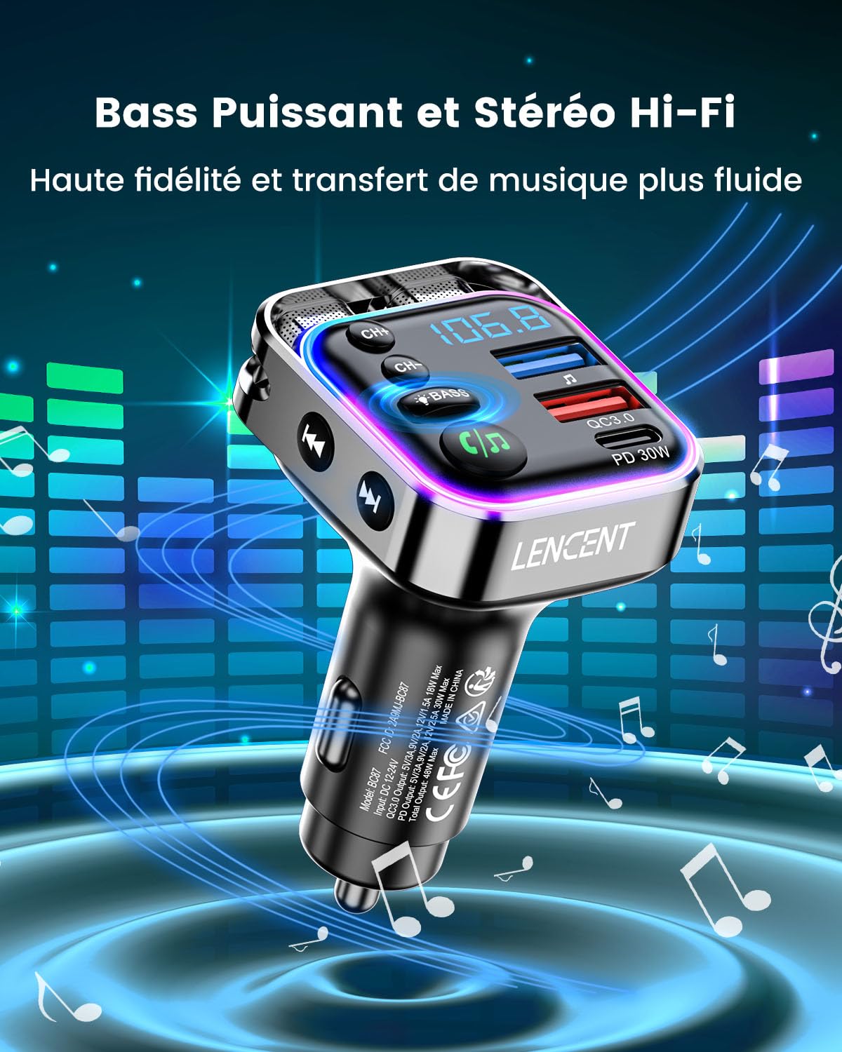 LENCENT Transmetteur FM Voiture, Allume Cigare Bluetooth 5,3 Émetteur Radio, Chargeur Rapide PD 30W & QC3.0 18W Hi-FI, Appels clairs Adaptateur pour