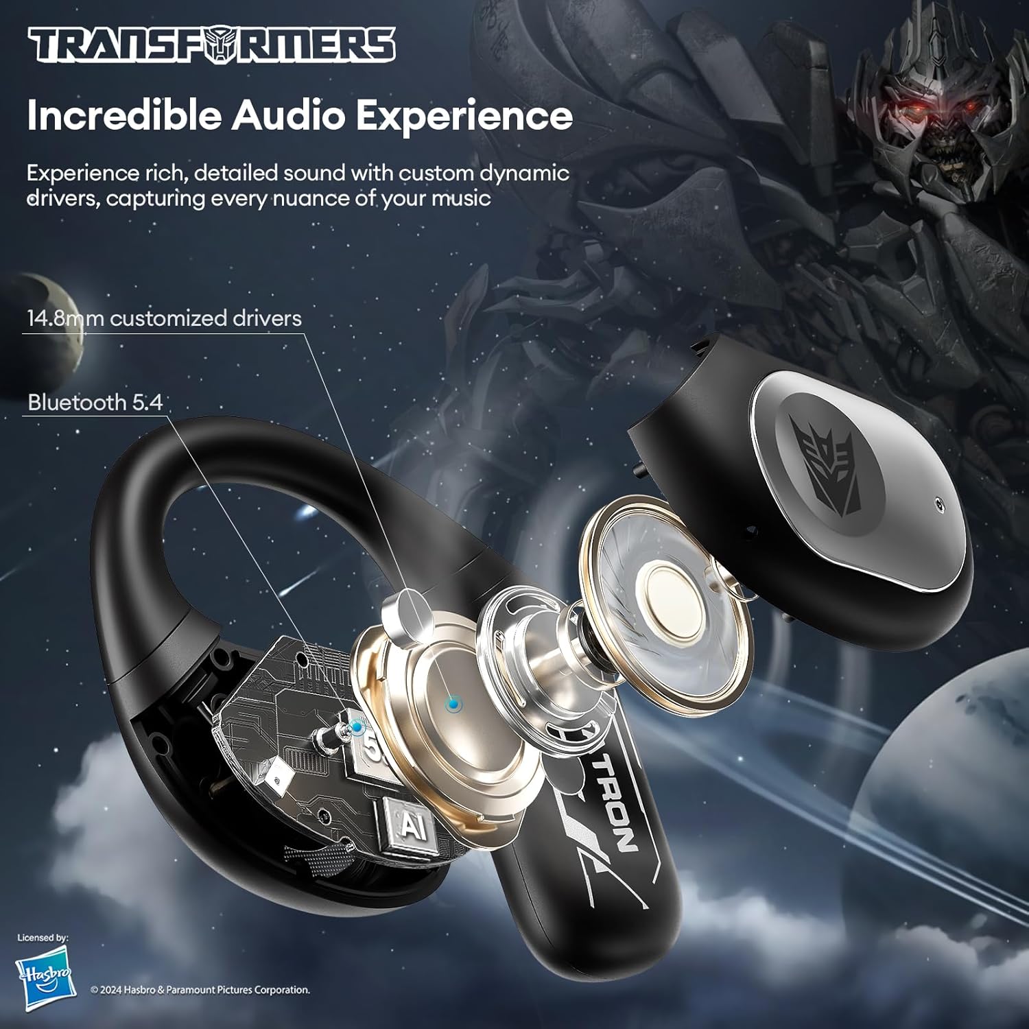 Explotat view of Transformers TF-T18 Megatron earbud showing internal components like 14.8mm drivers and Bluetooth 5.4 chip.
