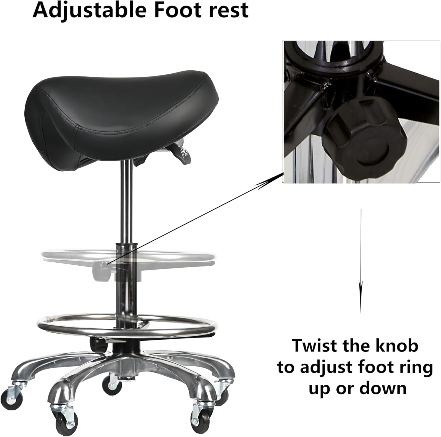 Saddle Tilting Stool Rolling Chair with Thicker Seat Swivel Ergonomic Height Adjustable Footrest Wheels for Beauty Spa Salon Dental Medical Clinic Kitchen Home Office Shop Bar Black
