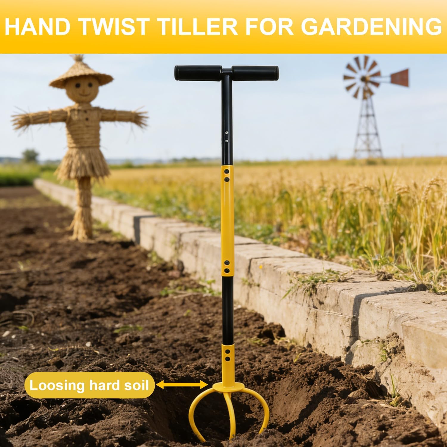 Garden Hand Tiller with Ergonomic Handle, Steel Cultivator Tiller Lawn Aerator Soil Lossener Manual Twist Tiller for Gardening