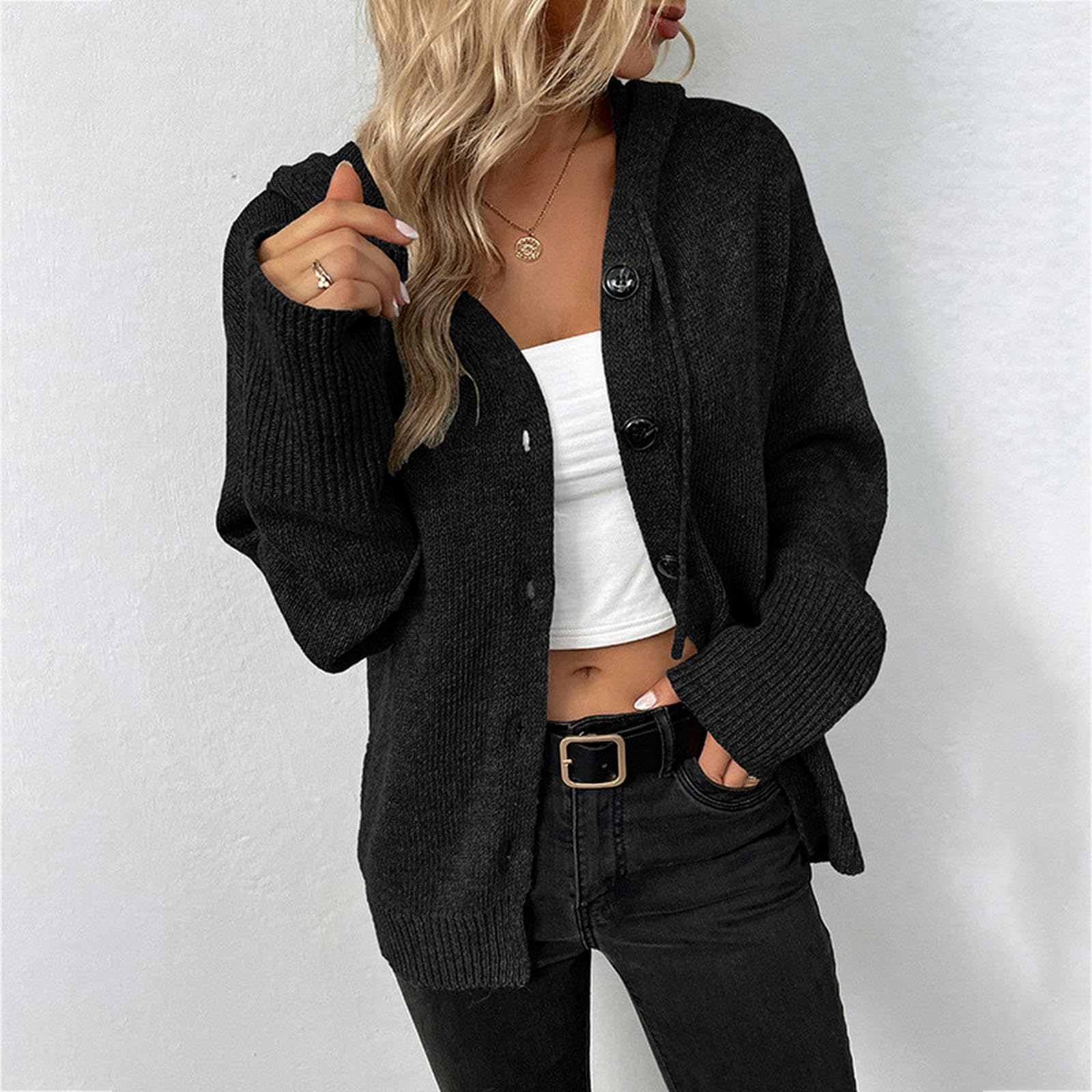 TEidea Damski kardigan jesienno-zimowy damski dzianinowy kardigan, zapinany na guziki, ciepły, gruby, z kapturem Sweateroversize Pull Tops, pełny rękaw