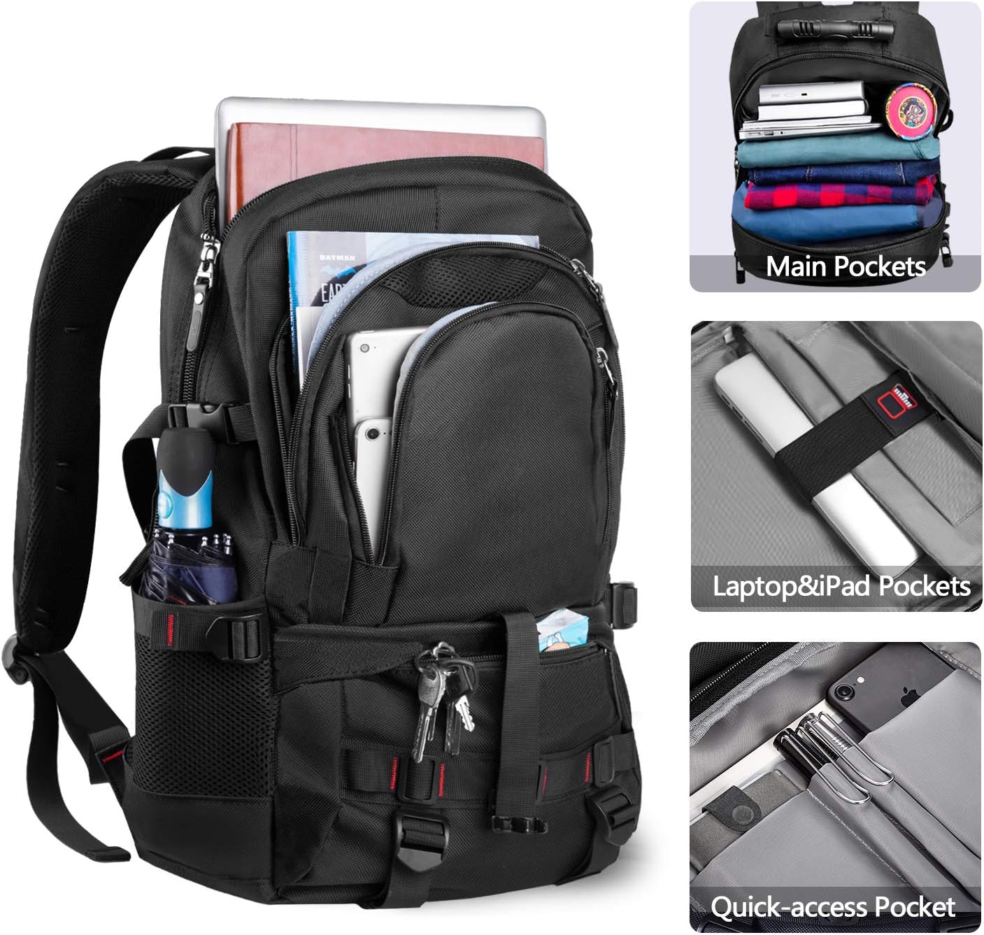 EletecPro 17.3 Inch Laptop Travel Backpack with USB Charging Port(Black)
