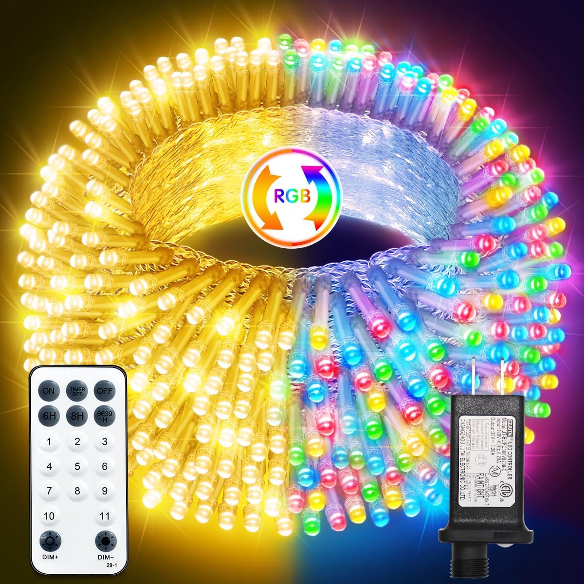 Christmas Lights with 300 LEDs, 100FT Connectable Plug in Fairy String Lights with Remote & Timer, IP65 Waterproof Lights for Yard, Garden, Christmas Décor (Color Changing + Warm White)