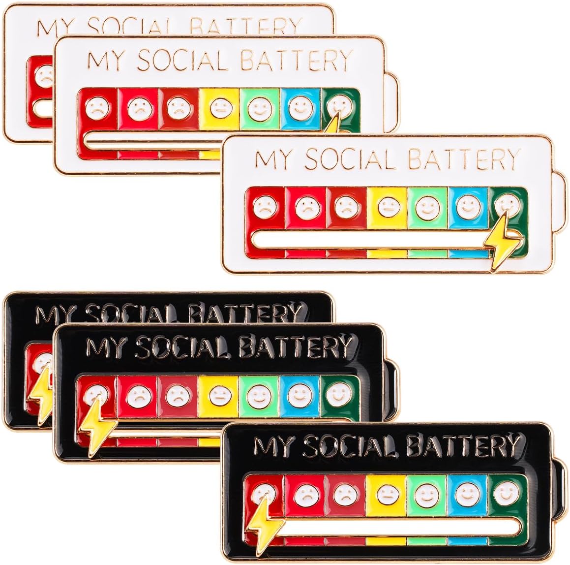 My Social Battery Pin, 6 zabawnych broszek do nastroju społecznego | interaktywne szpilki nastrojowe z 7 emocjami dla mężczyzn i kobiet (białe + czarne)