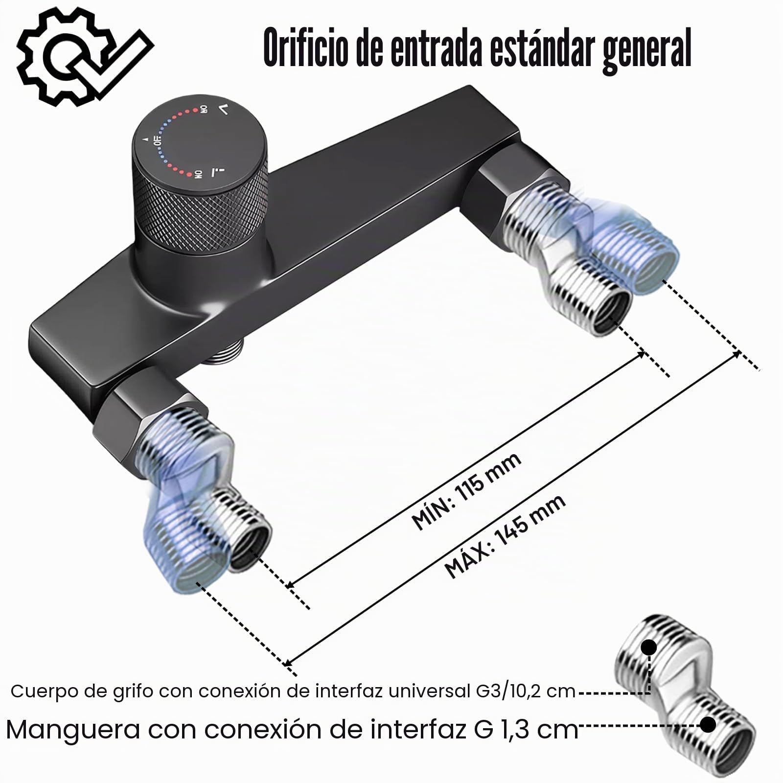 Grifo Bañera Negro en Cascada, Grifo Mural de Latón para Ducha y Baño, con Ducha de Mano de 3 Modos, Mezclador Monomando para Bañera Universal 1/2" Salida Inferior, con Soporte y Manguera de 1,5 m