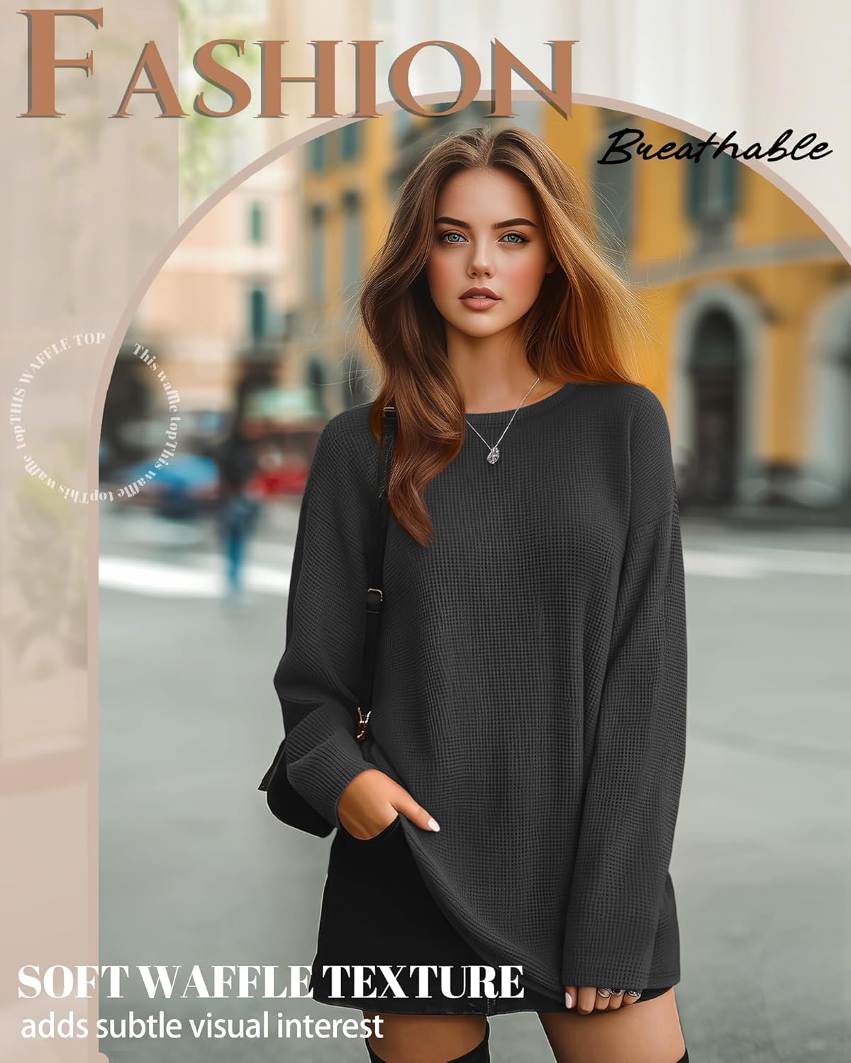 Womens Long Sleeve Sweatshirts Oversized Waffle Knit Tunic Tops Casual Crewneck Long Shirts - Image 2