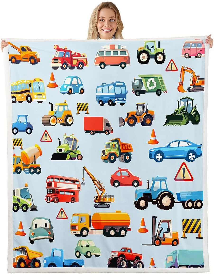 Feelyou Cartoon Car Fuzzy Blanket for Sofa Bed Couch Teens Cartoon Transportation Car Decor Fleece Throw Blanket for Kids Boys Girls Truck Bus Taxi Sherpa Blanket Vehicles Blue,Throw 50x60 Inches
