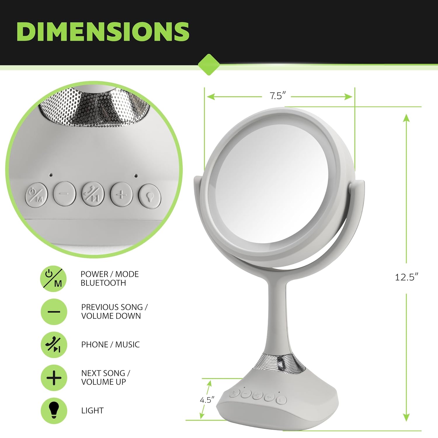 Homewerks 76-101-BT 7.5-inch Personal Makeup Mirror with Bluetooth Speakers and LED Lighting, Handheld Bluetooth Vanity Mirror with Lights for Bathrooms, Bedrooms, or Dorm Room Essentials