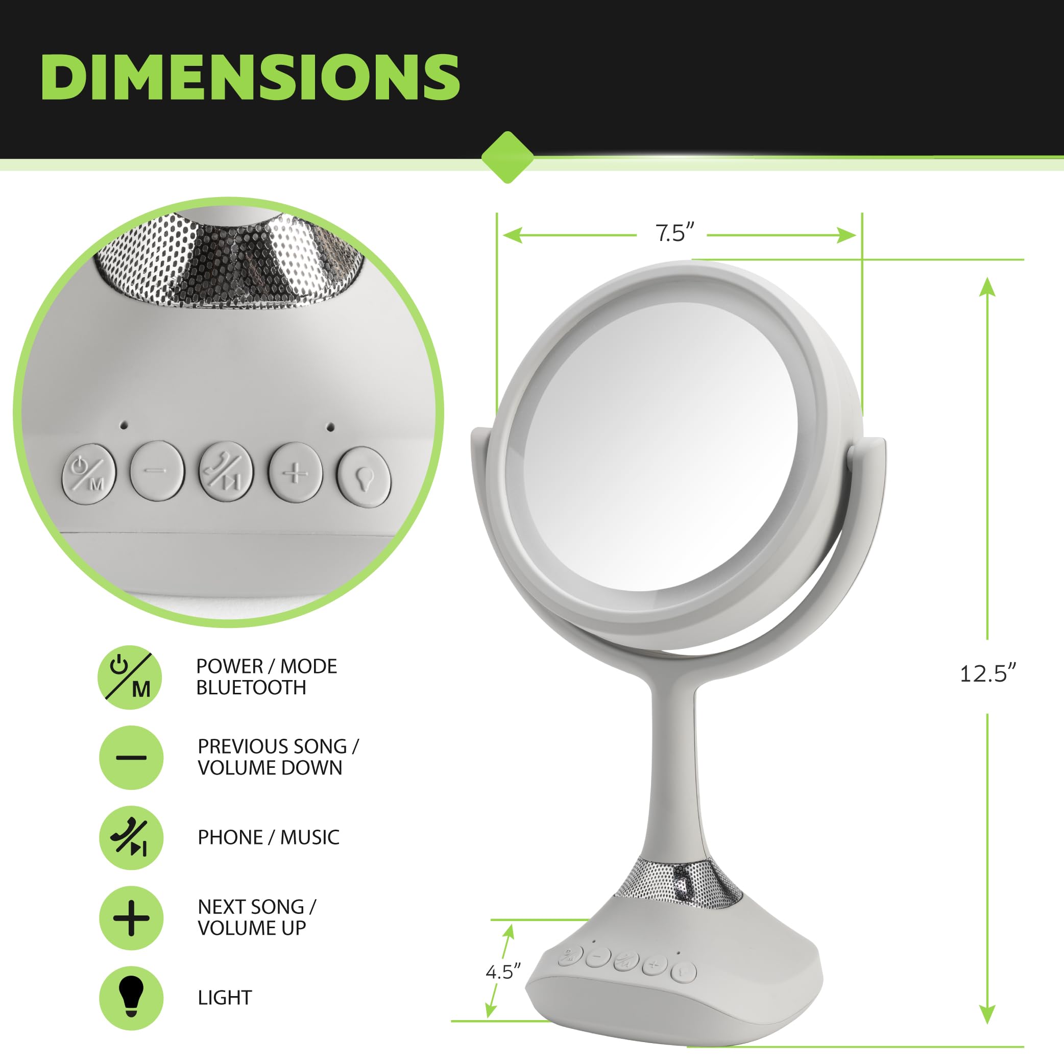 Homewerks 76-101-BT 19,1 cm persönlicher Make-up-Spiegel mit Bluetooth-Lautsprechern und LED-Beleuchtung, Handheld-Bluetooth-Kosmetikspiegel mit Lichtern für Badezimmer, Schlafzimmer oder Reisen