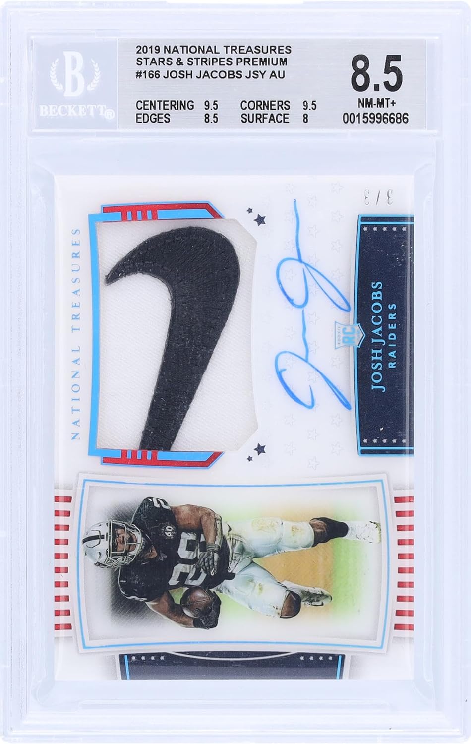 Josh Jacobs Oakland Raiders Autographed 2019 Panini National Treasures Nike Swoosh Stars & Stripes #166#3/3 BGS Authenticated 8.5 Rookie Card - 9.5,9.5,8.5,8 Subgrades - Football Slabbed Autographed