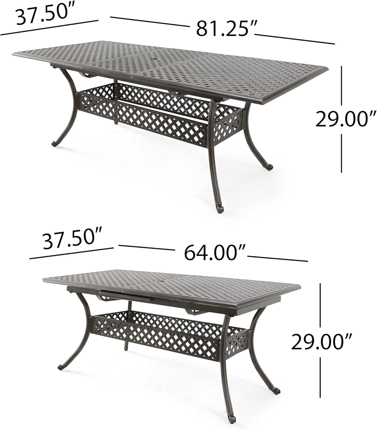 Bronze Extendable Dining Table for Garden Lawn Backyard Poolside Retro Cast Aluminum Metal Outdoor Table for 8 People Rectangular Patio Dining Table with Umbrella Hole Lattice Pattern Curved Legs