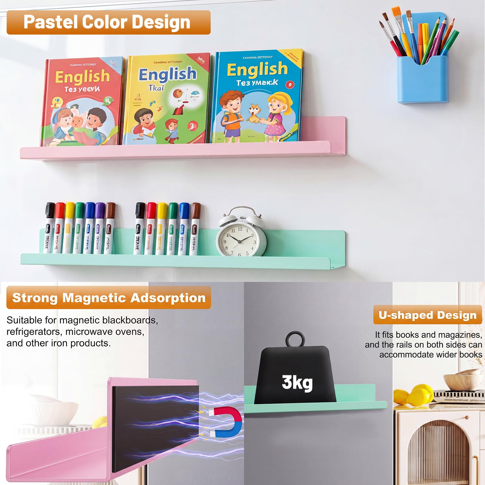 Chumia Magnetisches Bücherregal für Whiteboard mit magnetischem Stifthalter, 41,5 cm, 2,9 kg, wiederverwendbarer Buch- und Stifthalter, buntes Bücherregal für Lehrer, Büro, Klassenzimmer, Schulbedarf