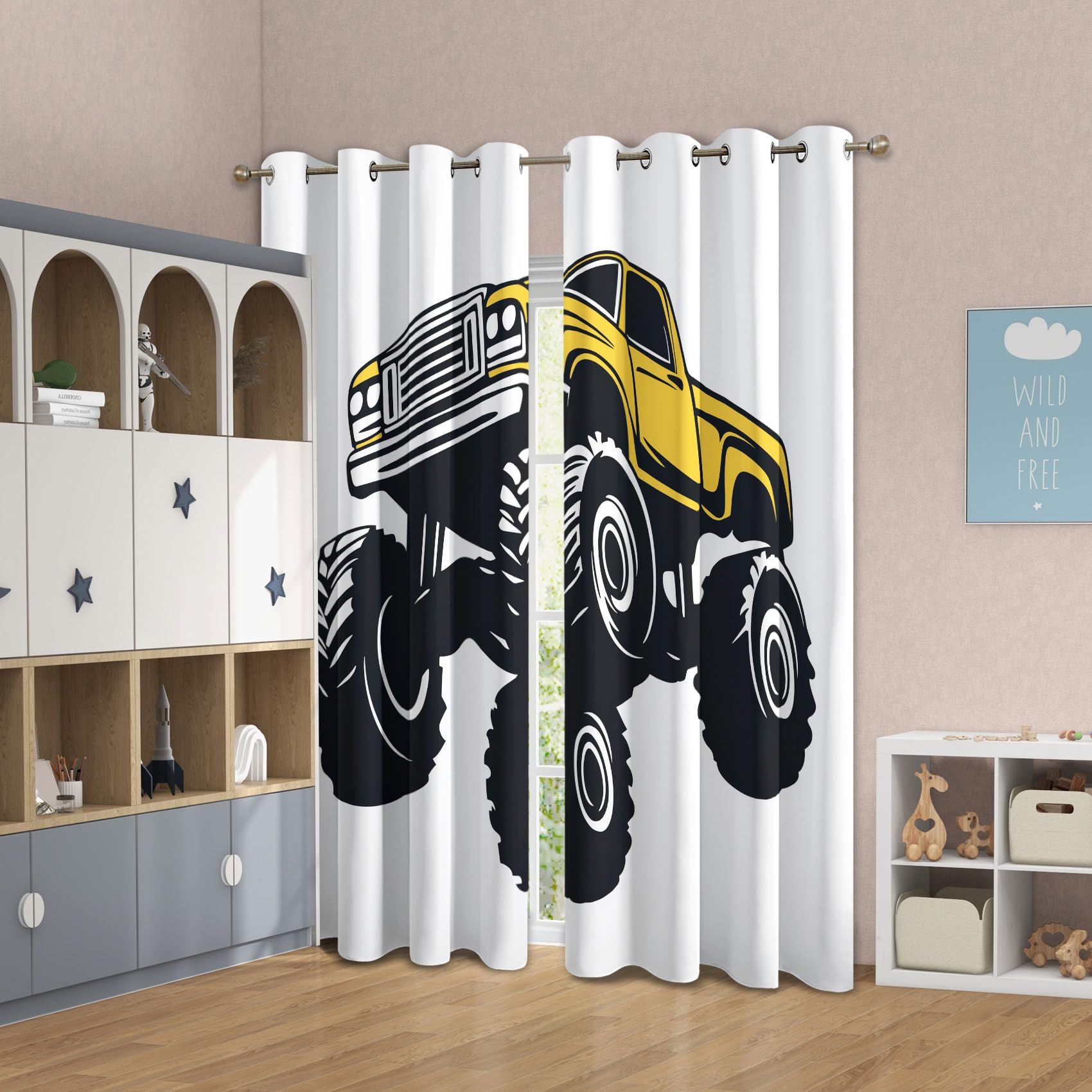 Générique Rideau Occultant Enfant Camion, Rideaux Motif Voiture Cartoon, Rideau Thermique Isolant à Oeillets, Rideaux Fenetre Imprimé pour Salon Chambre Décoration, Lot de 2, 75x166 cm GSJC82