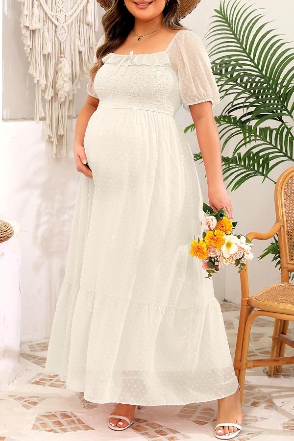 Talisea Plus Size Cream Dress Women Summer Boho Flowy Swiss Dot Smocked Puff Sleeves Aline Long Maxi Wedding Guest Dress 2025 by Talisea - Used condition - Image 3