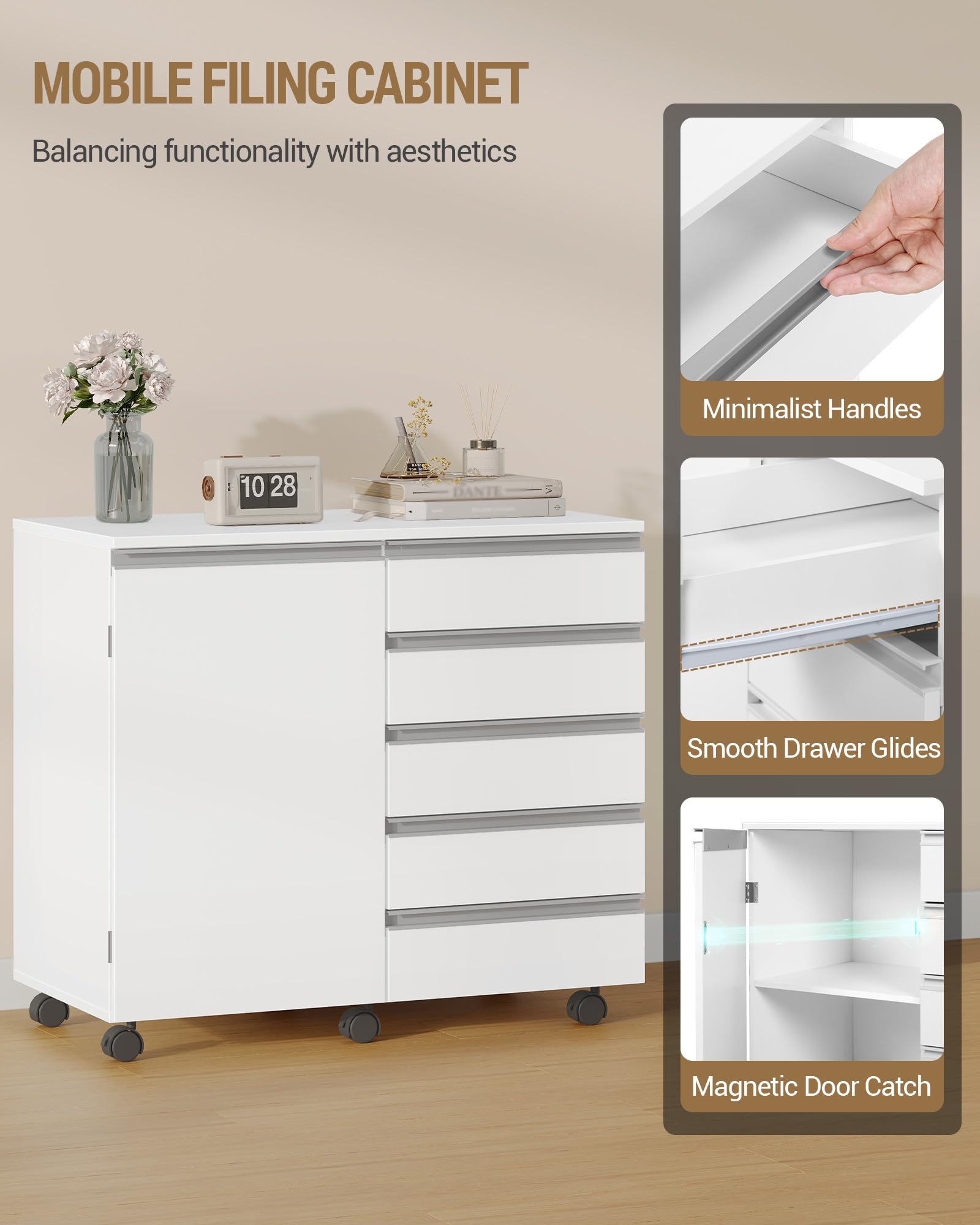 Hzuaneri 80 cm Cassettiera Scrivania su ruote con 5 cassetti e anta, Cassettiera archivio mobile con rotelle, Mobile salvaspazio sotto scrivania con ampio spazio contenitivo, Bianco FC52503X