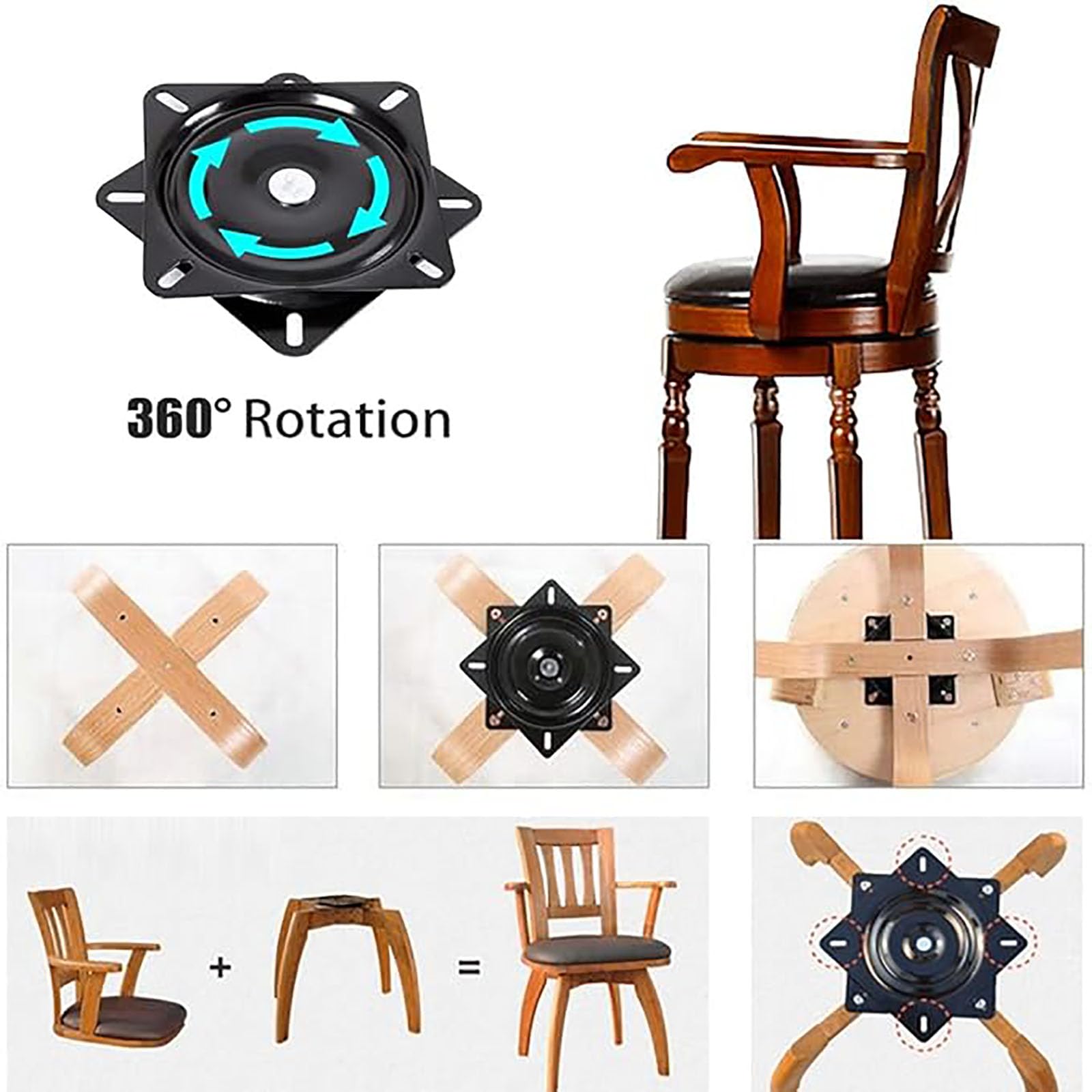 Mécanisme Pivotant Carré, Plateau Tournant Roulement à Billes, Table Tournante de Chaise Pivotante, Capacité de Charge 200kg, pour Chaises, Tables, Étagère à Livres (6 Pouces)