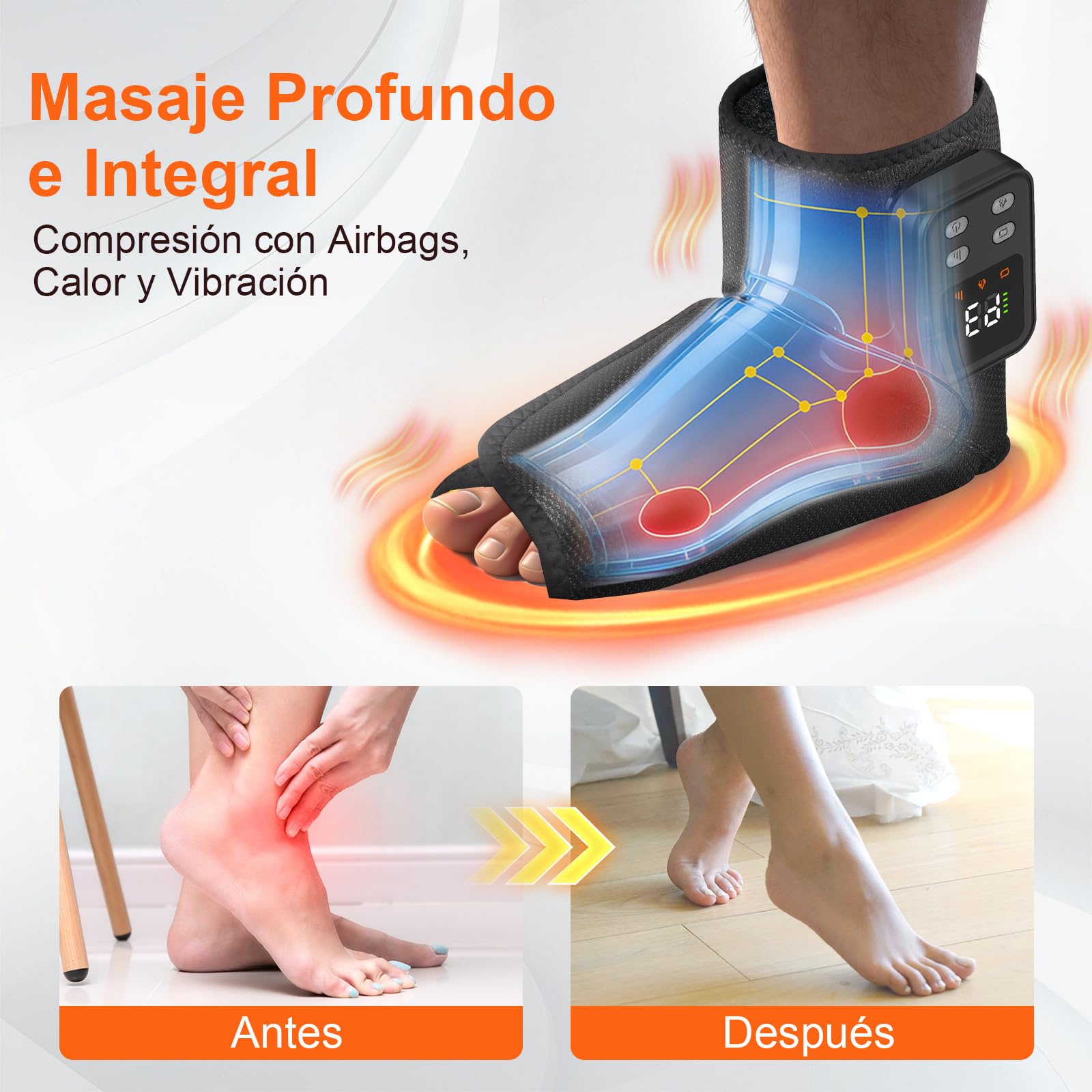 Masajeador Pies 3-en-1, Compresión, Calor, Vibración, 40-60°C | 3-en-1 con compresión, calor & vibración, 40-60°C, para planta, empeine & tobillos – relajante y reconfortante.